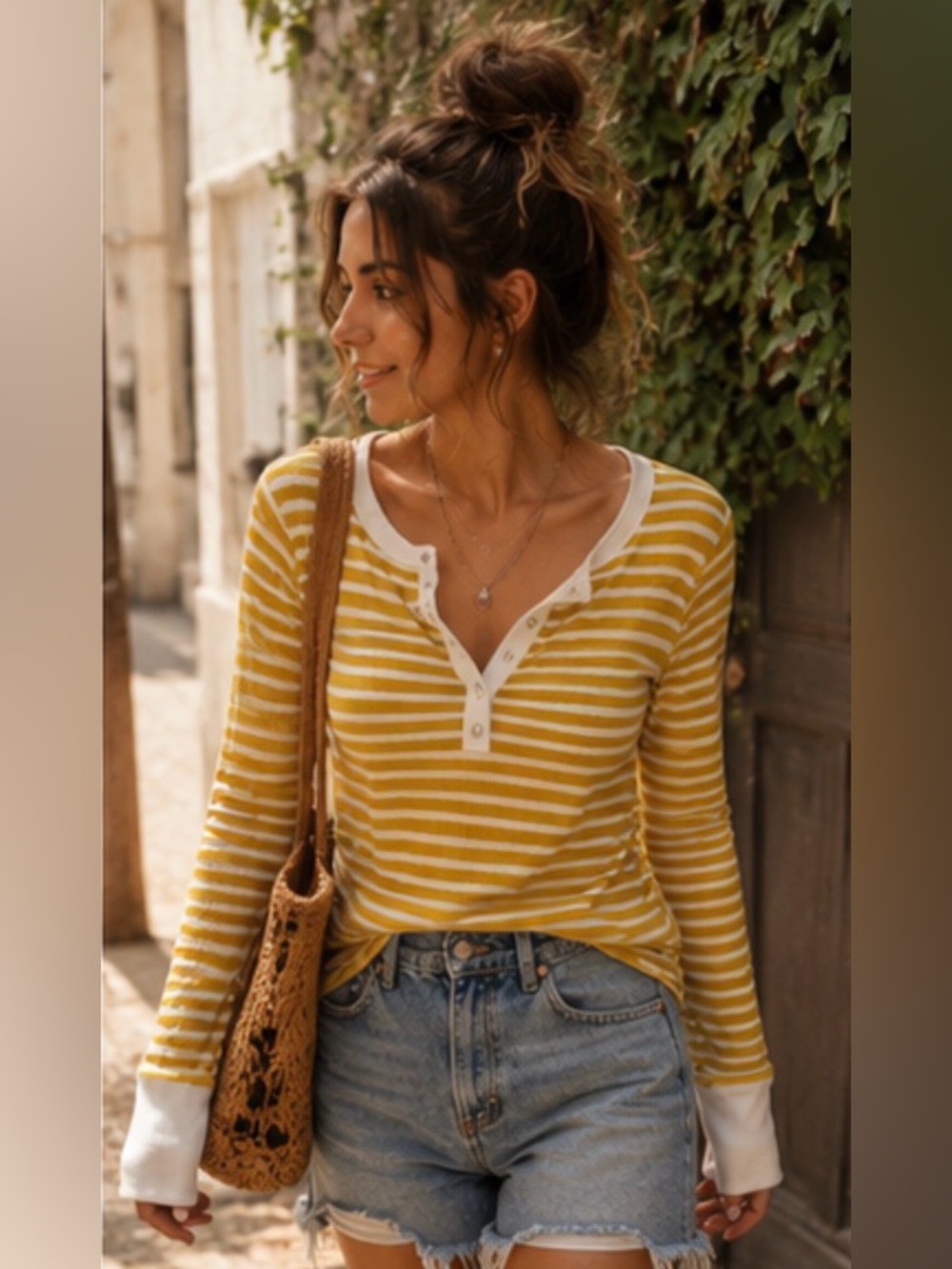 R2 Striped Long Sleeve Henley Shirt with Wide Cuffs